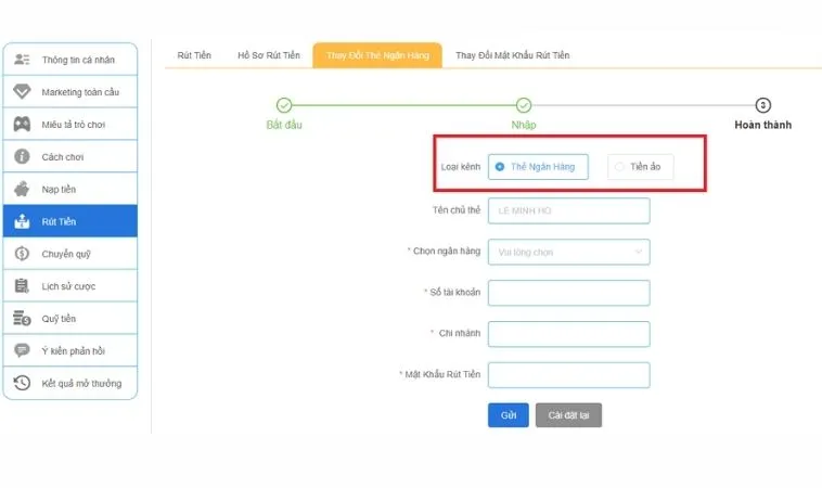 Giao diện rút tiền 123B